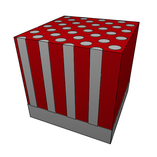 A 3D render of a high-aspect-ratio pillar betavoltaic: an array of tall silicon pillars to be coated with radioisotope.
