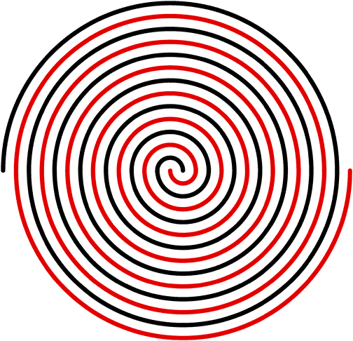 Two interleaved spirals, one red and one black, forming a flat disc. Each spiral is one continuous detector strip, a layout only a flexible substrate makes possible.