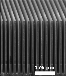 Scanning electron micrograph of the 3D silicon ridge diode, showing a dense array of tall, narrow silicon ridges in cross-section with a 176 micron scale bar.