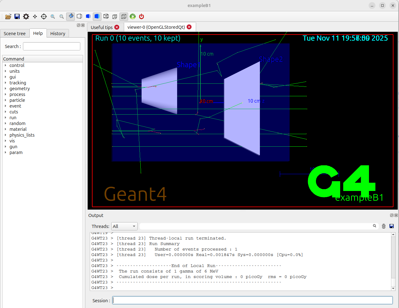 A GEANT4 visualization window showing simulated particle tracks passing through the example detector geometry.